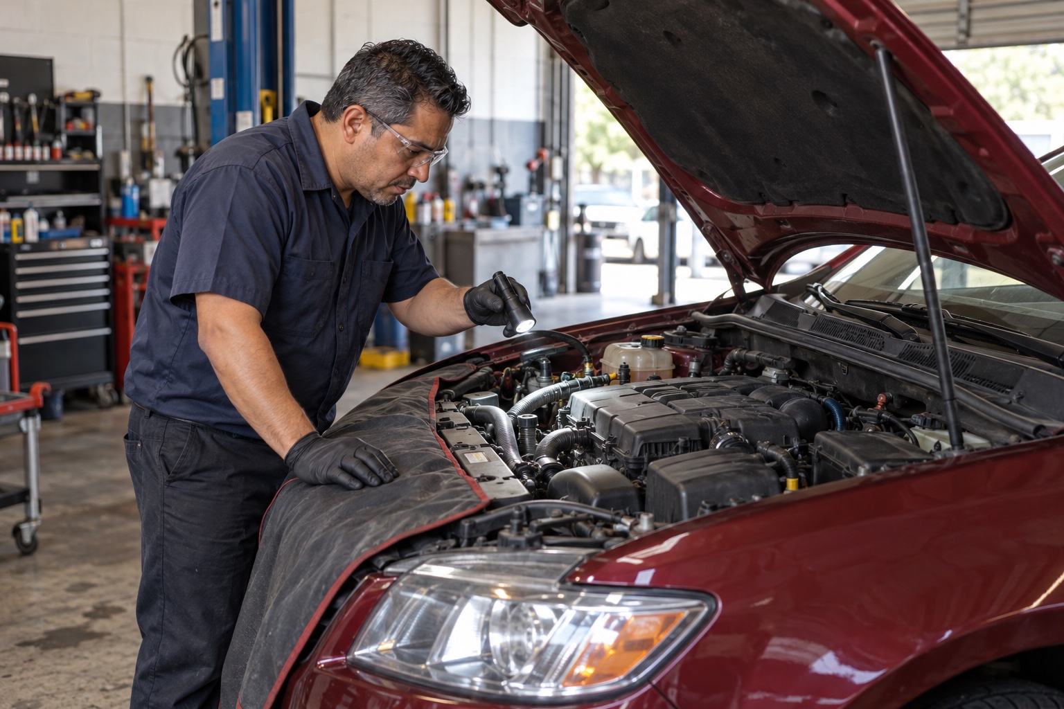Mechanic wearing safety glasses and gloves using a flashlight to inspect the engine of a stationary car