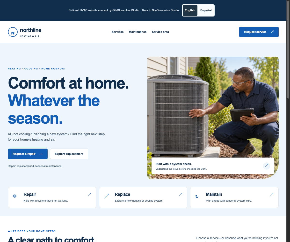 Desktop concept for an HVAC business, showing heating and cooling services, repair and replacement actions, and the approved outdoor AC technician image