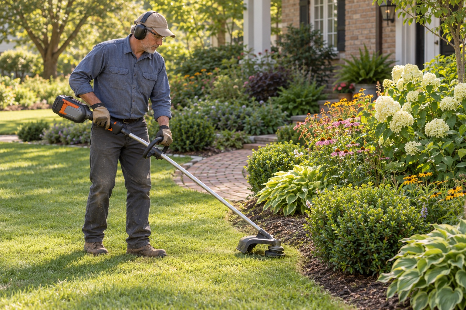 Landscaper in a blue shirt, gloves, eye and hearing protection trimming a lawn edge beside a flower bed with a string trimmer